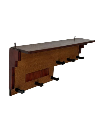 Art Deco Wall Coat Rack, Solid Oak & Padouk, Amsterdamse School Design, 1920s